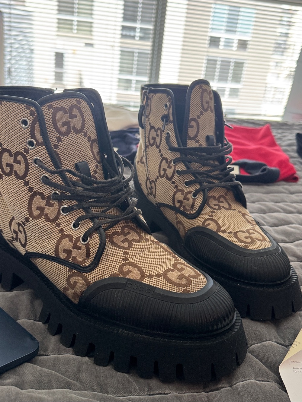 Gucci Brown/Beige GG Canvas Lug Lace-Up Boots